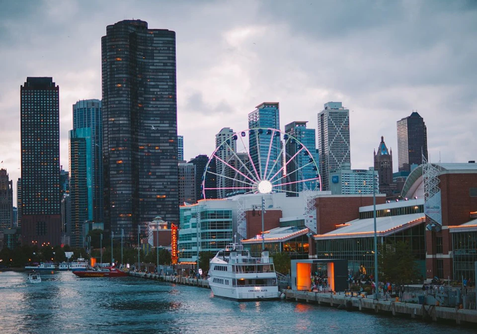 City skyline with high-rise buildings, a large Ferris wheel, docked boats, and people walking along a waterfront under a cloudy sky.