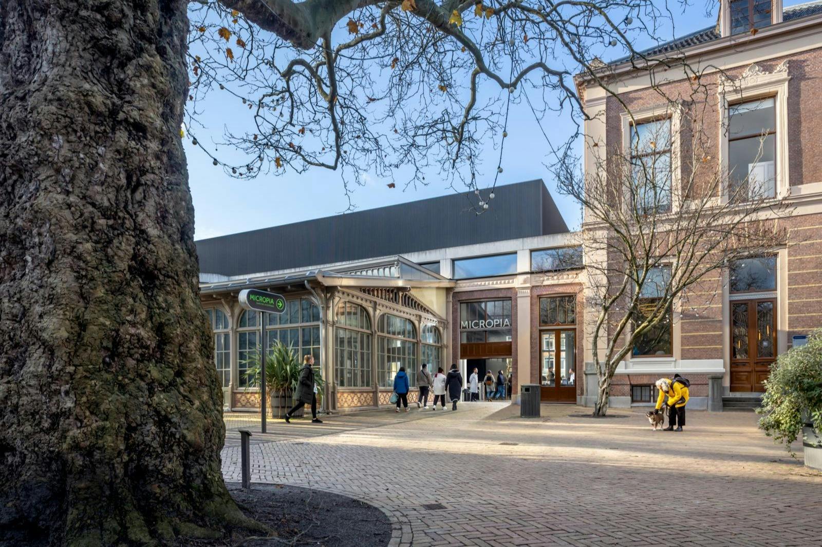 Μια πλακόστρωτη αυλή με δέντρα, άνθρωποι που περπατούν κοντά σε ένα κτίριο με σήμανση «Micropia» και κοντινές αρχιτεκτονικές δομές.