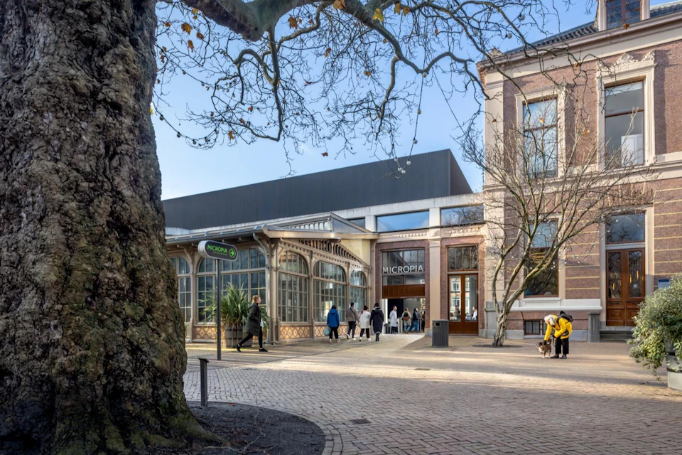 A cobblestone courtyard with trees, people walking near a building bearing the word ‘Micropia’, and nearby architectural structures.