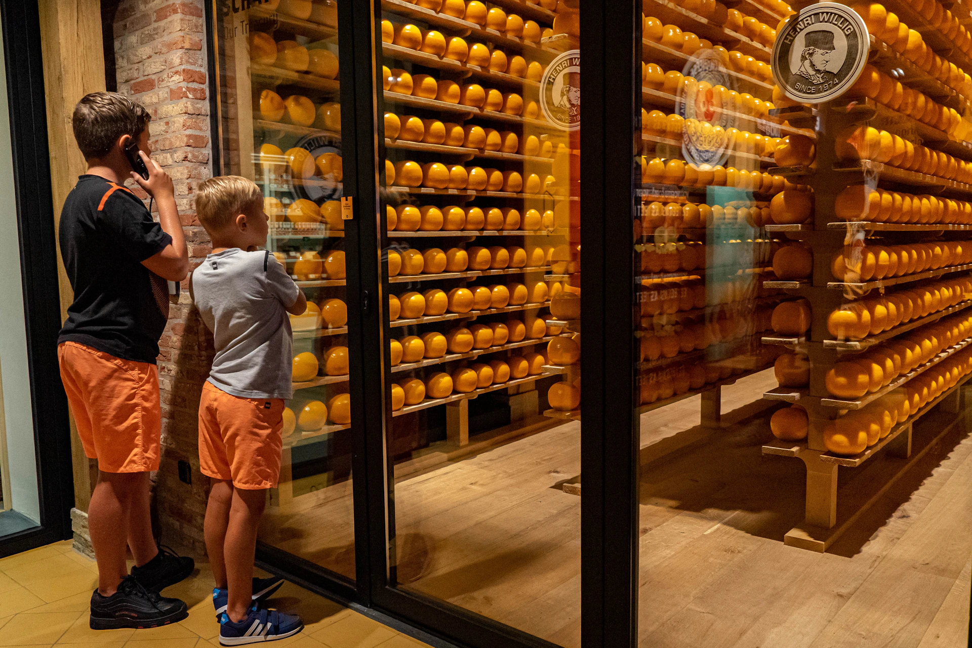 A child looks through a glass window at shelves filled with round cheese wheels in a cheese aging room.