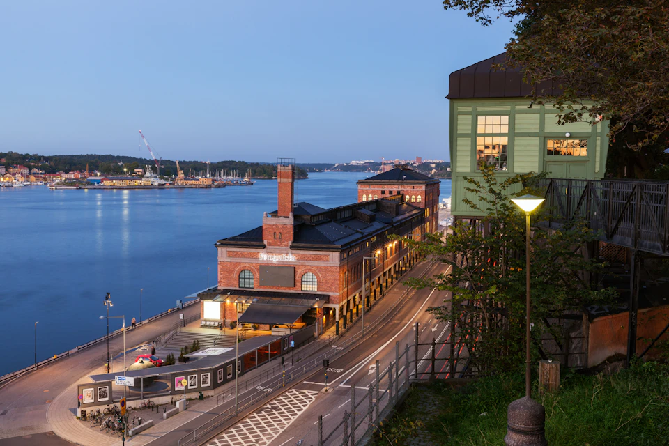 A waterfront scene featuring a large brick building, a road, the water, distant ships, and a building with green walls.