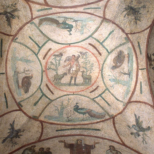 Ancient fresco featuring a central figure holding an animal, surrounded by various animals and birds within decorative circular frames.