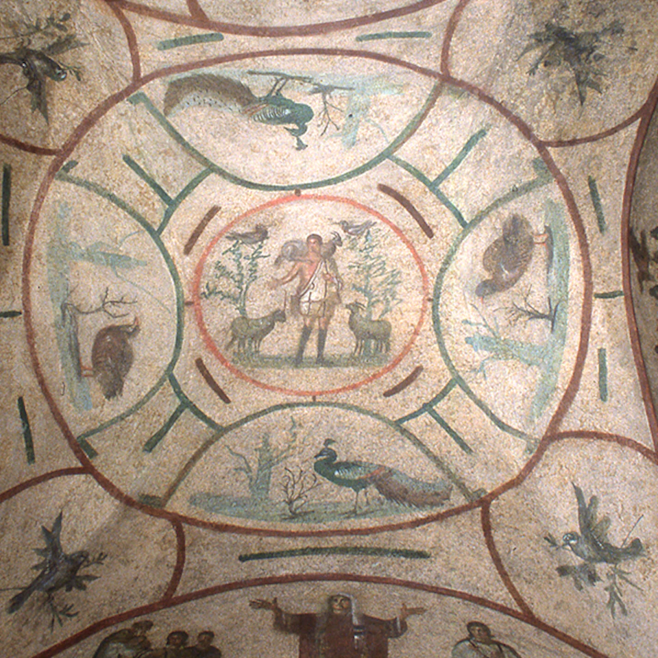 Ancient fresco featuring a central figure holding an animal, surrounded by various animals and birds within decorative circular frames.