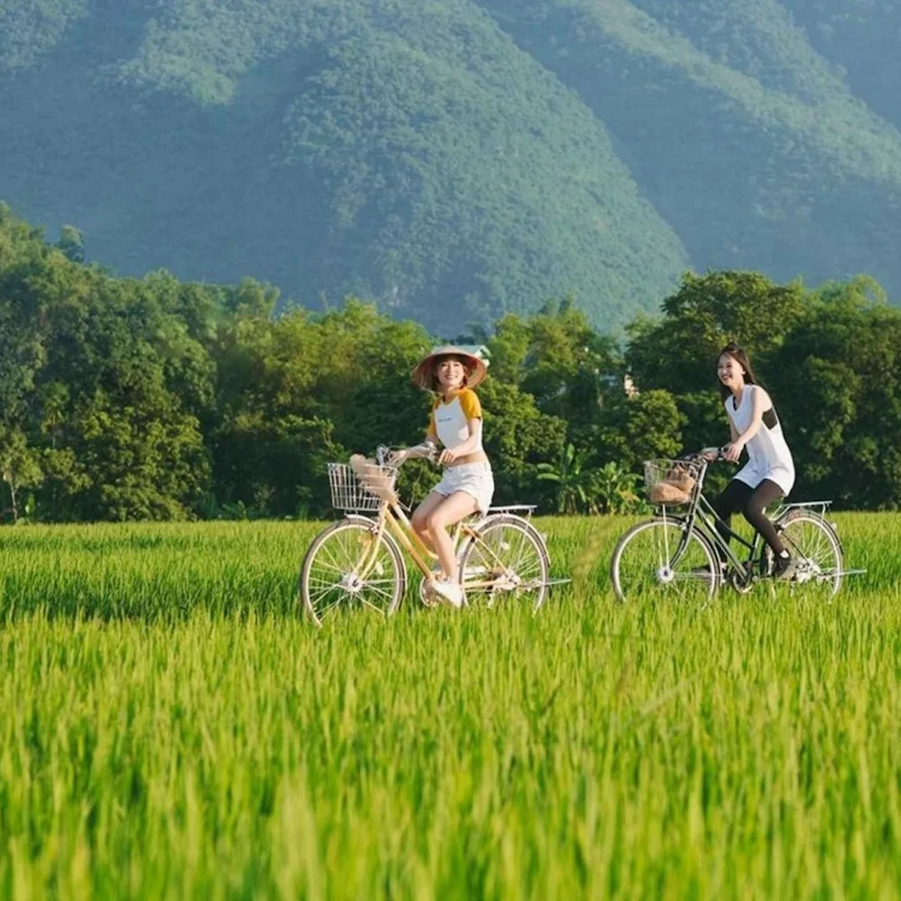 Two women ride bicycles through a lush green field with mountains and trees in the background.
