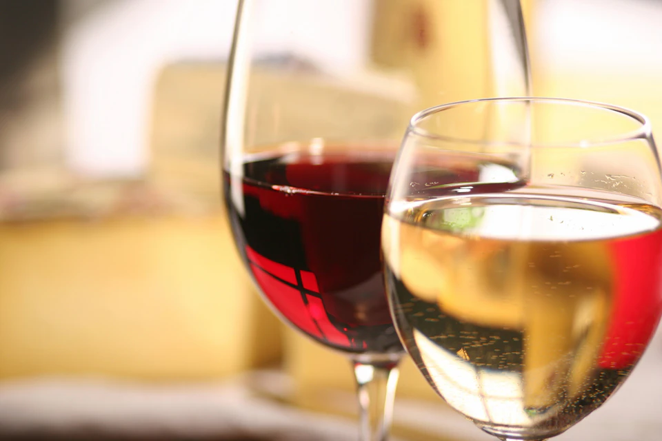 A couple glasses of wine; one red, one white
