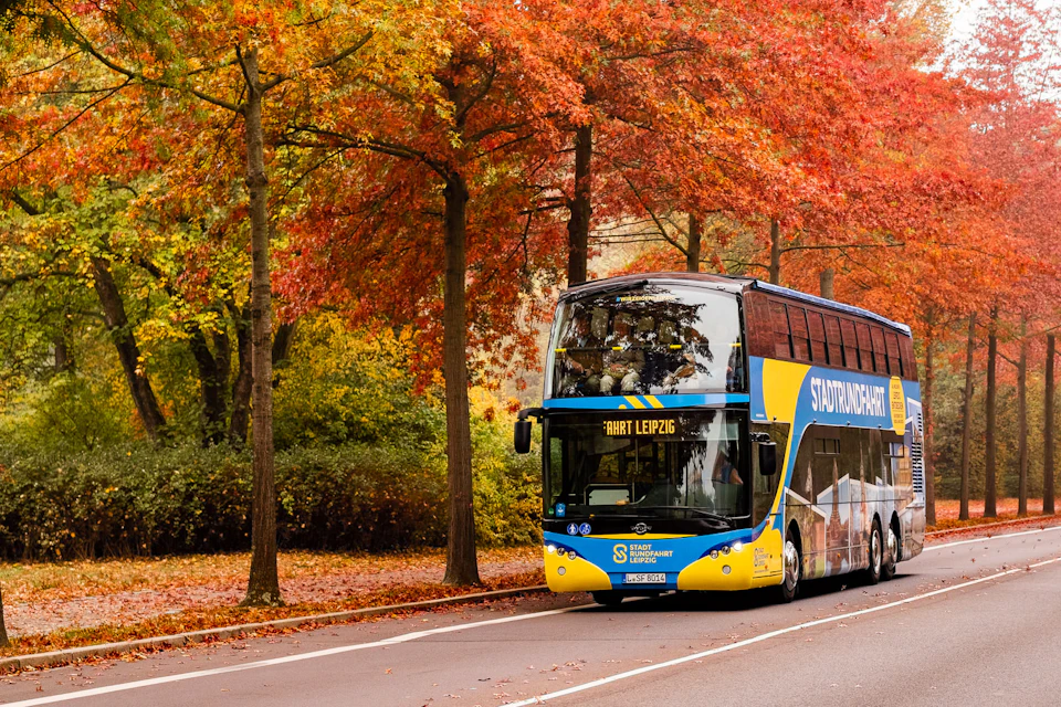 A double-decker bus with the sign "Stadtrundfahrt" drives on a road lined with trees bearing vibrant autumn leaves.