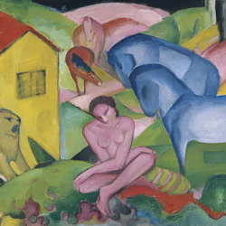 En färgstark målning med en naken kvinna, blå hästar, ett lejon och ljusa geometriska former med ett gult hus i bakgrunden.