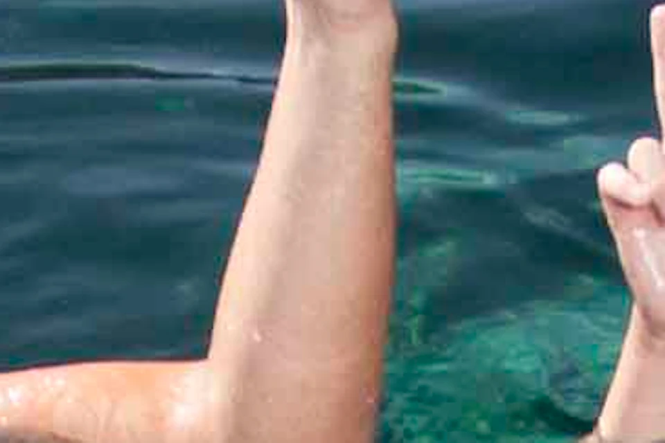 Two people in life jackets are swimming in the water, both raising their arms, with a dolphin swimming in front of them.