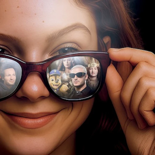 En leende person som bär solglasögon som visar reflektioner av olika individer, inklusive animerade och verkliga karaktärer.