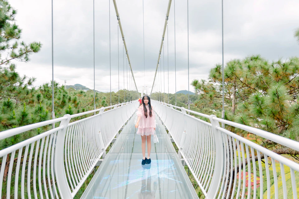 A person standing on a transparent glass bridge surrounded by trees and hills under a cloudy sky.