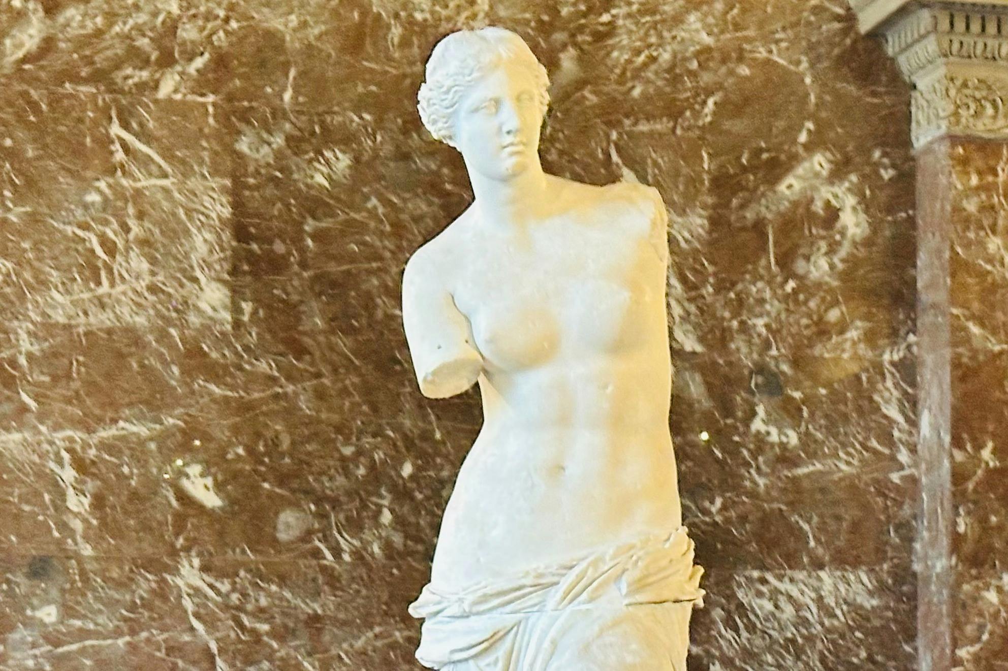 어두운 갈색의 질감을 배경으로 팔이 빠진 여성의 대리석 동상이 세워져 있습니다.