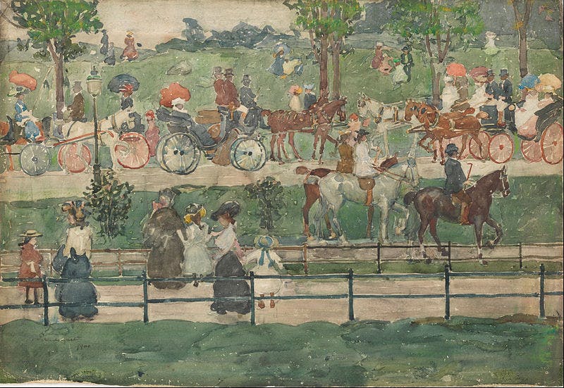 People dressed in 19th-century attire, riding horse-drawn carriages and horses, stroll through a park on a pleasant day.