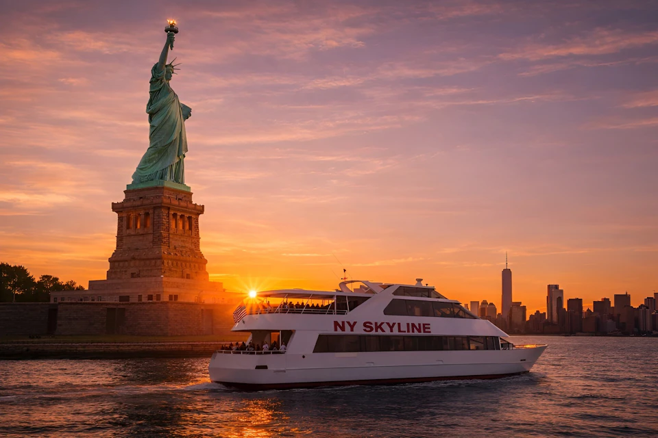 A sightseeing boat labeled 'NY Skyline' passes by the Statue of Liberty at sunset, with a cityscape visible in the background.