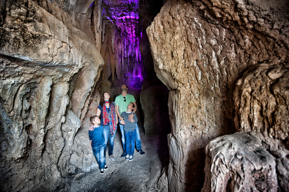 A family of four explores a rocky cave illuminated by purple light, looking up at the stalactites above.