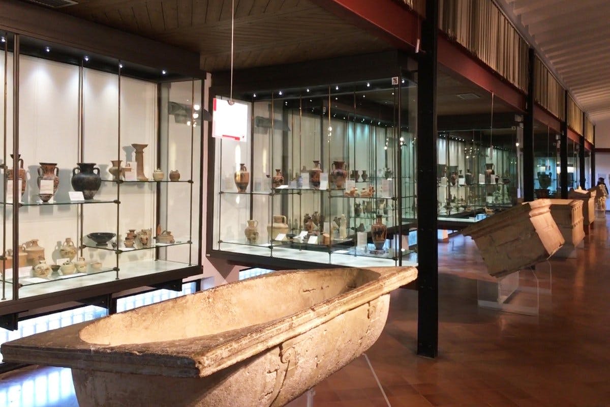 Museum display featuring ancient pottery in glass cases and stone sarcophagi on wooden floors.