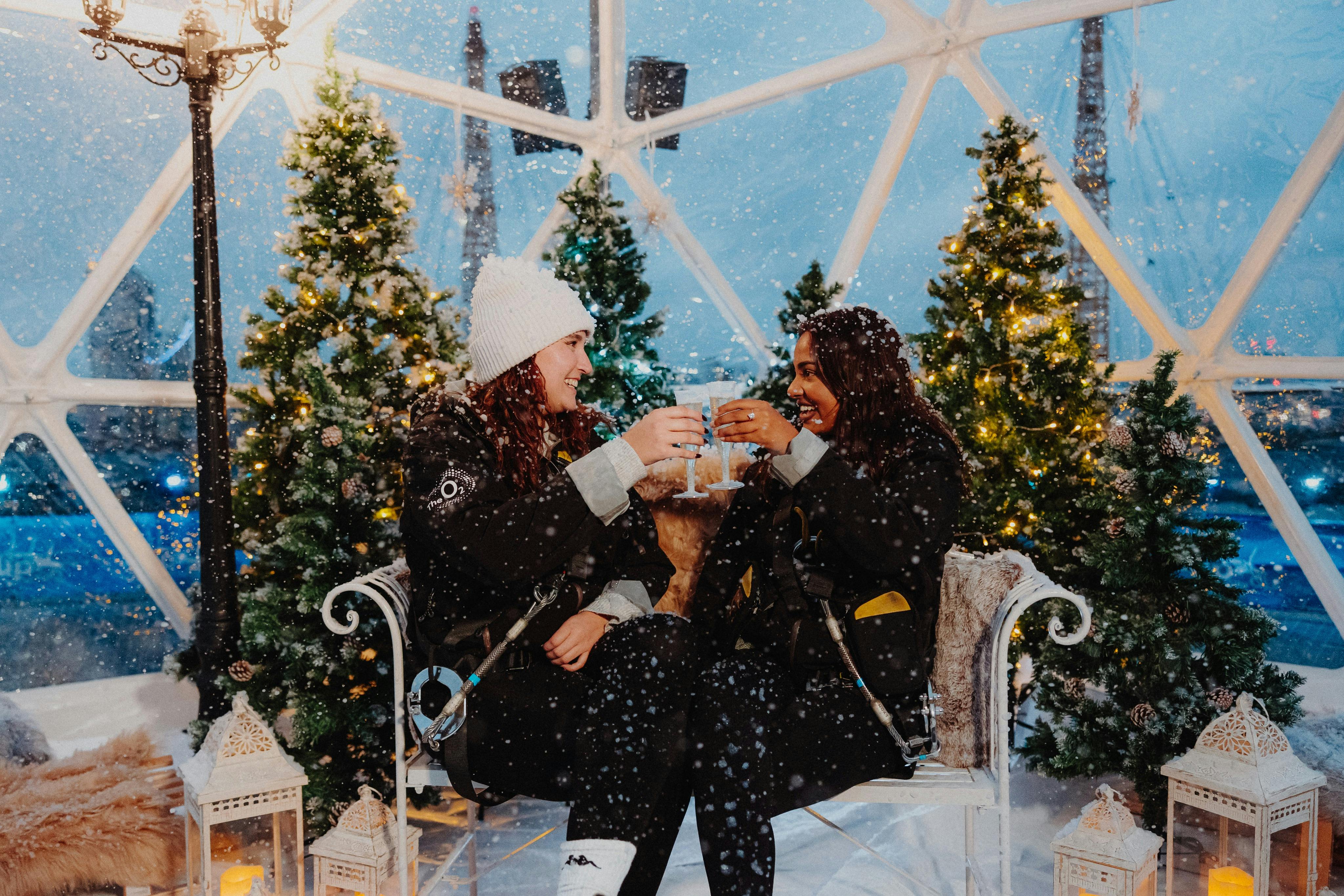 クリスマスツリーで飾られた雪に覆われたお祝いのドームの中に座って、冬には2人がドリンクで乾杯します。