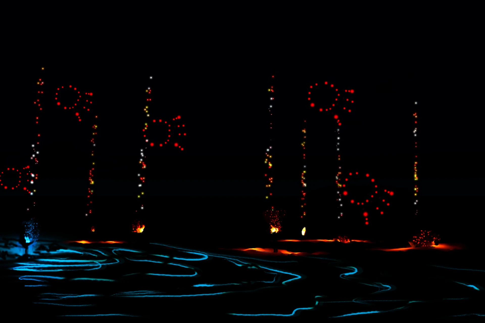 Bright red and multicolored lights form abstract shapes and vertical lines over a dark background, with blue light traces below.