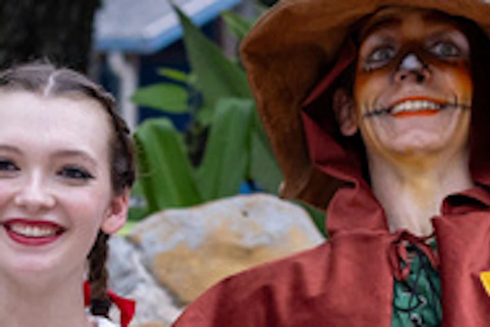 Four people dressed as characters from The Wizard of Oz: Tin Man, Dorothy, Scarecrow, and Lion, posing outdoors.
