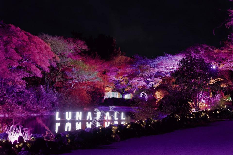 A nighttime scene with colorful illuminated trees reflecting on water, showing the text 'LUNARFALL' glowing in white.