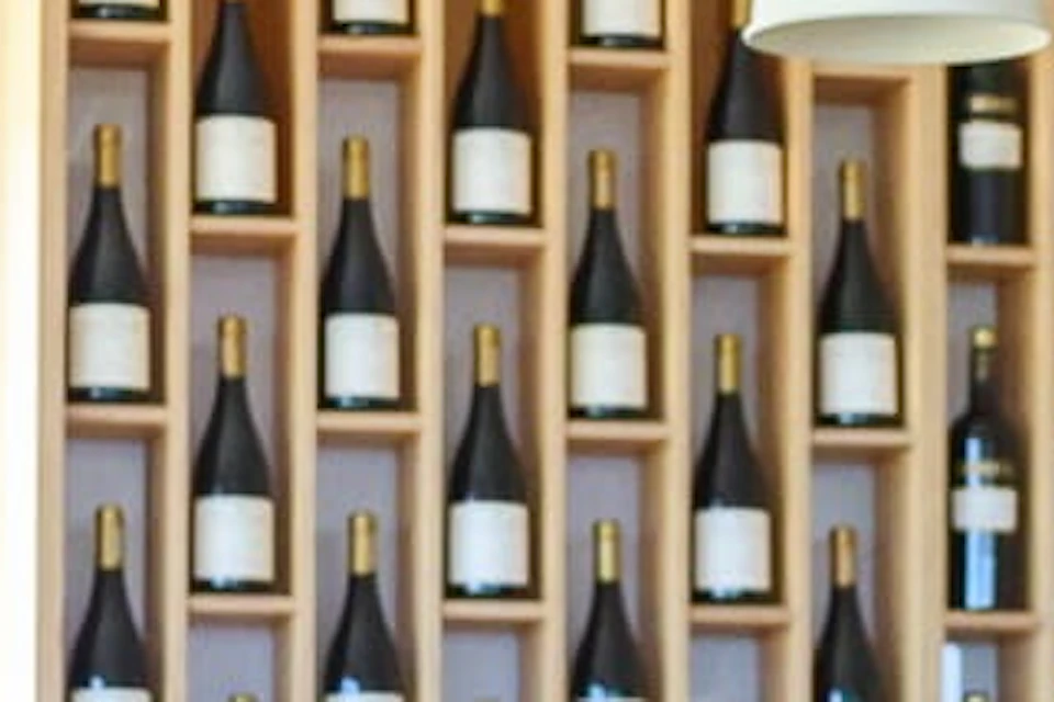 Three people interacting at a wine tasting counter, with wine glasses and bottles in front of a wine display shelf.