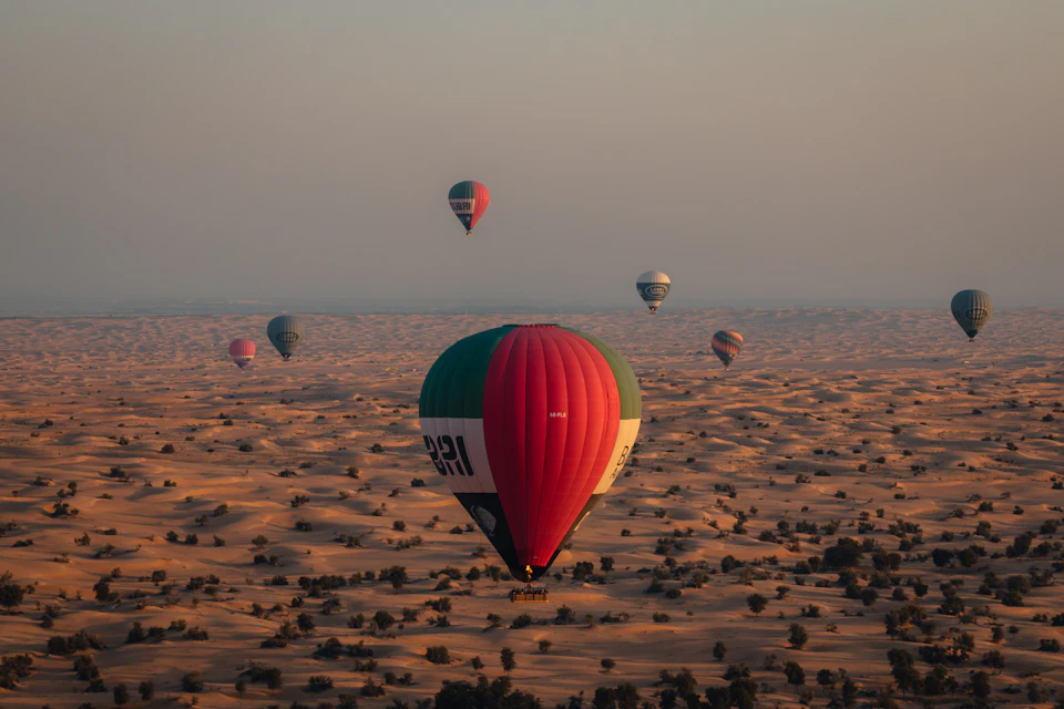 Hot air balloons in various colors floating over a desert landscape with scattered vegetation, under a clear sky at sunrise or sunset.