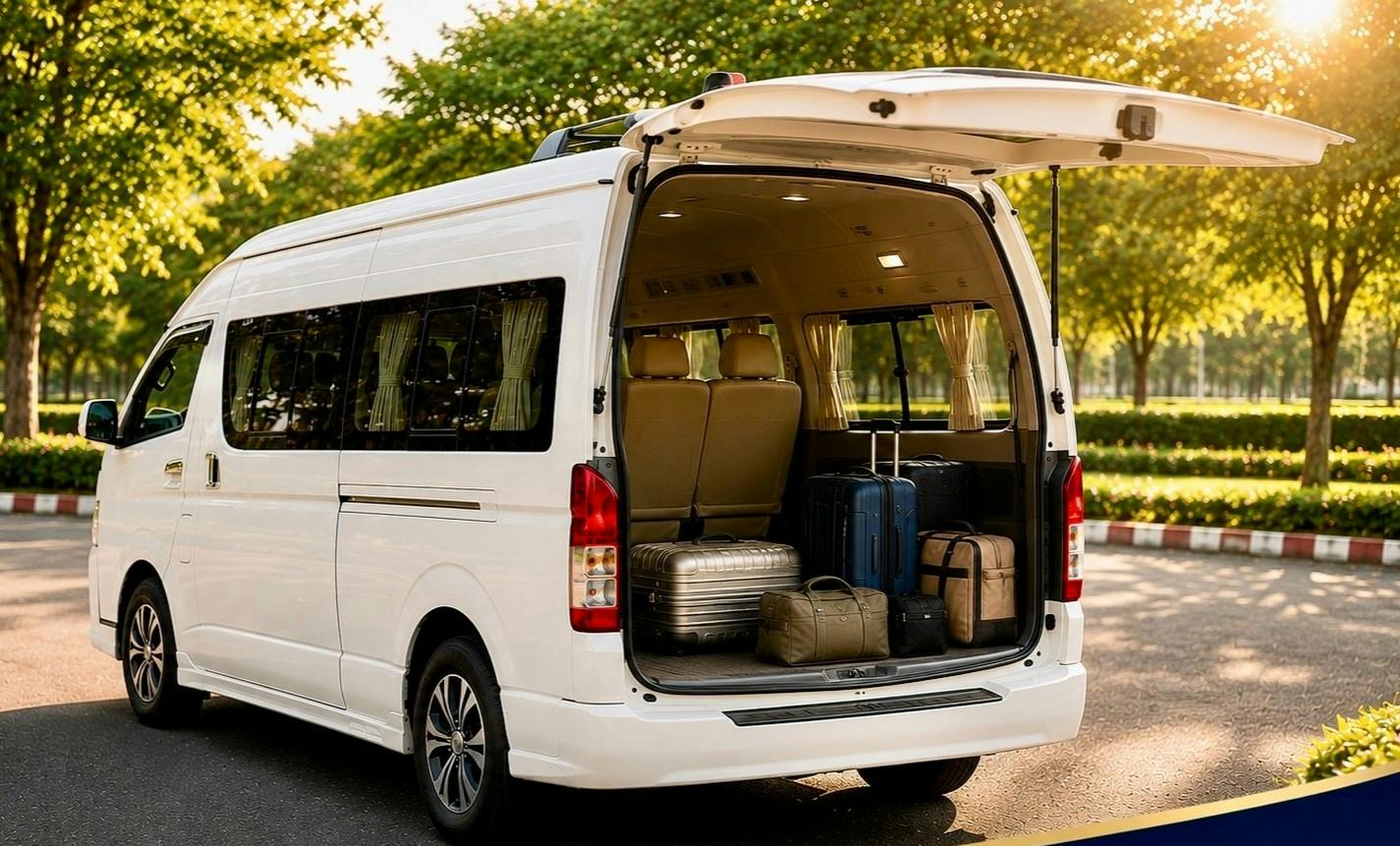A white van with its rear door open, showing luggage inside. The vehicle is parked outdoors on a sunny day near greenery.