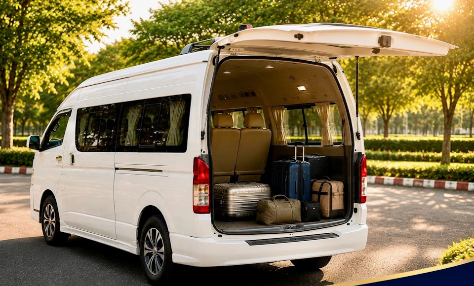 A white van with its rear door open, showing luggage inside. The vehicle is parked outdoors on a sunny day near greenery.