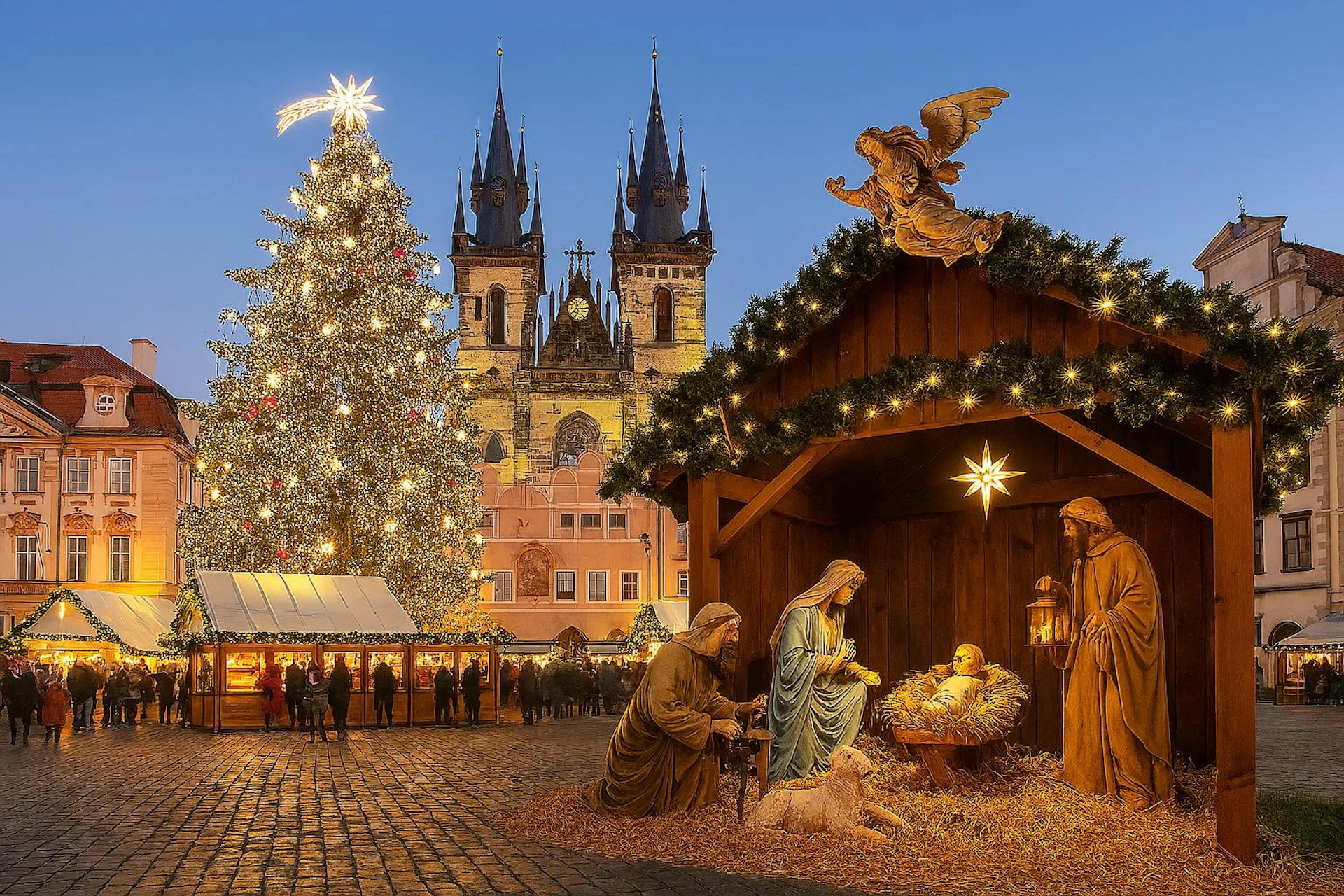 A nativity scene with figures beside a lit Christmas tree in a town square with a cathedral in the background at dusk.