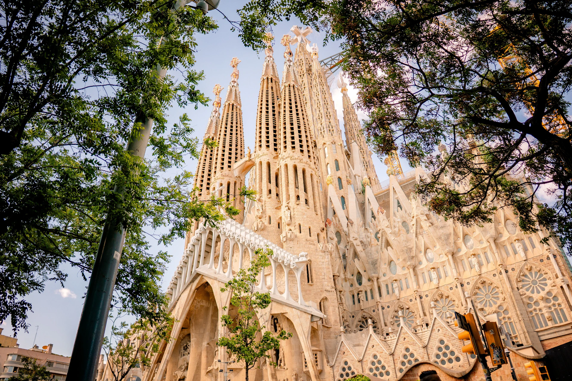 The architectural facade of the Sagrada Familia basilica in Barcelona, adorned with intricate details and surrounded by trees.