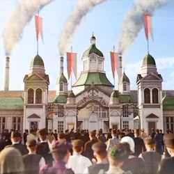 En stor folkmassa samlas utanför en byggnad med gröna tak och torn och släpper ut rök. Röda banderoller är också synliga.