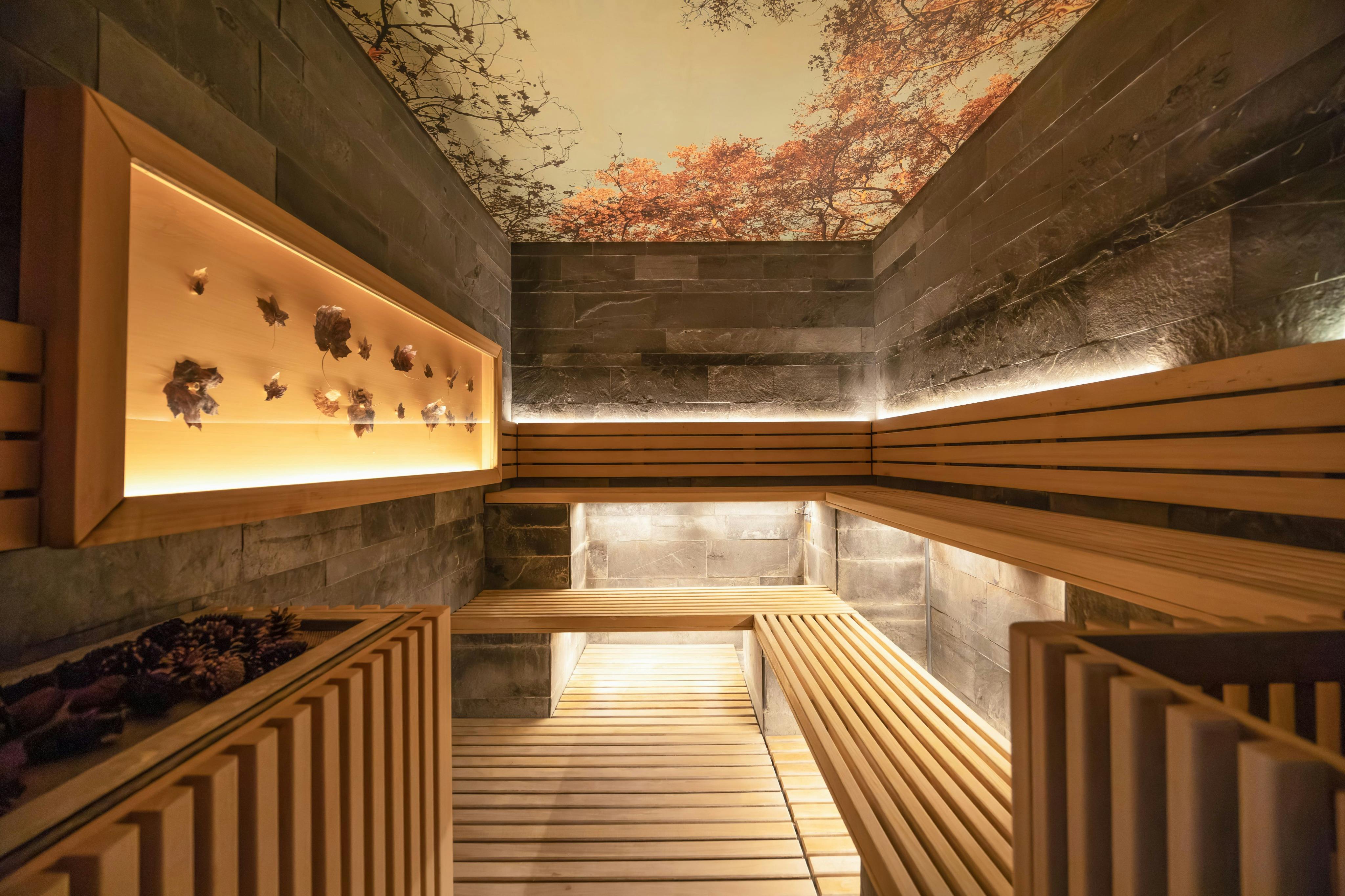 Una sauna moderna con panche in legno, pareti in pietra e illuminazione decorativa. Il soffitto raffigura una serena scena di alberi autunnali.
