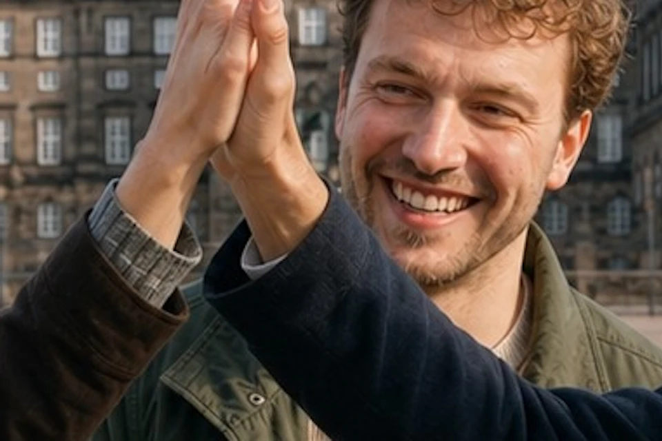 Three people smiling, with two high-fiving, in front of a historic building with a tall central tower.