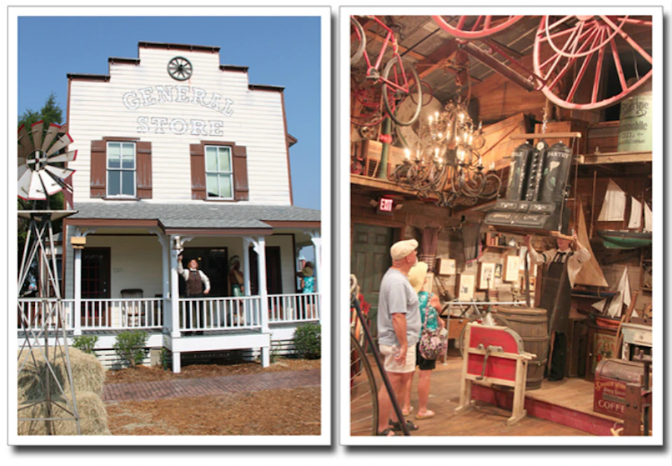 Left: A white building labeled "General Store" with people on the porch. Right: Visitors inside a vintage store surrounded by antiques.