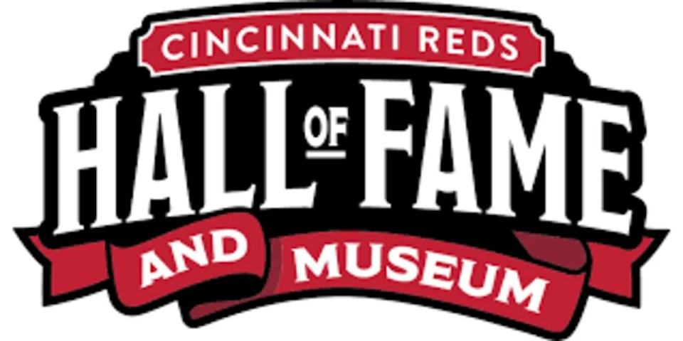 Logo of the Cincinnati Reds Hall of Fame and Museum, featuring bold text with a curved red banner.