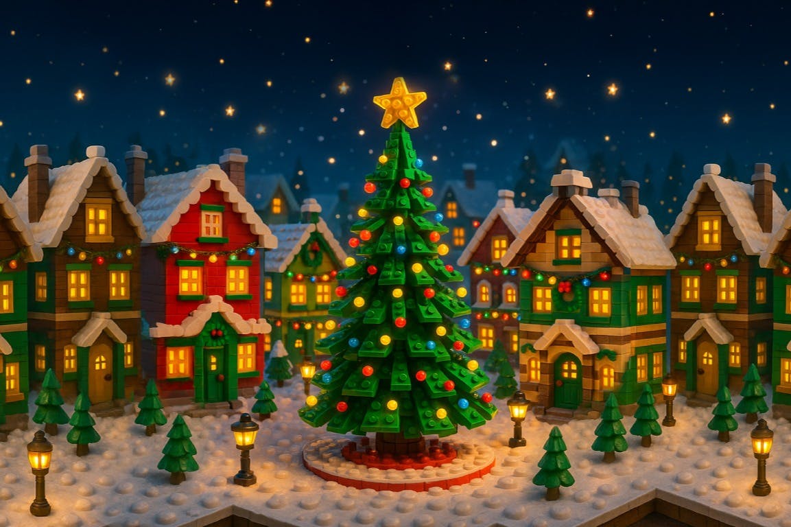 Scène de village LEGO nocturne avec un grand arbre de Noël décoré, des maisons enneigées et des lampadaires.