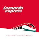 Stylized graphic of a red and white train with the text