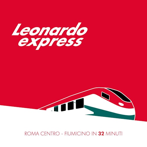 Stylized graphic of a red and white train with the text