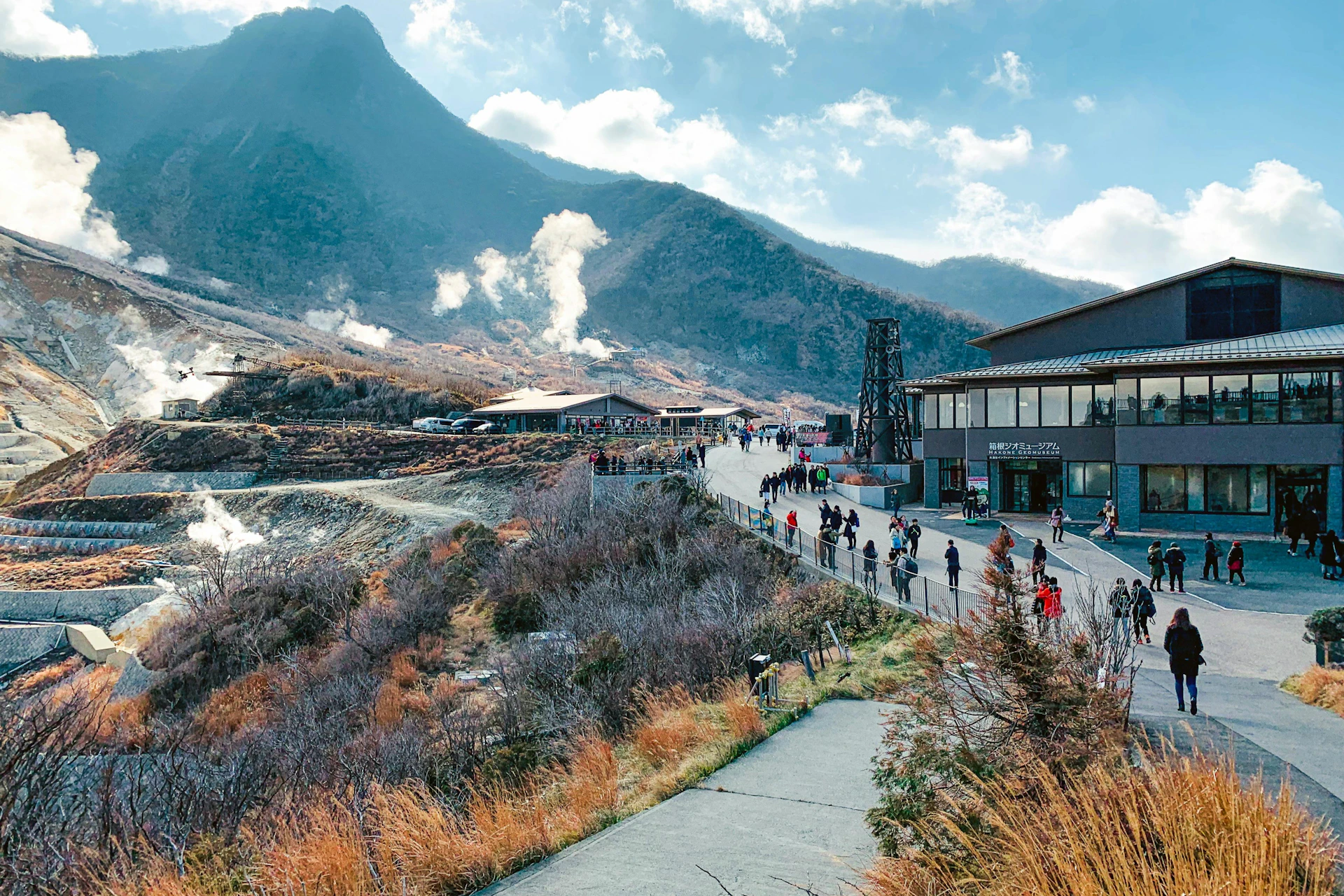 A mountainous area with paths and buildings, people walking, and steam rising from vents, under a partly cloudy sky.
