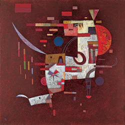 Abstrakt målning med geometriska former och linjer på en strukturerad röd bakgrund. Kombinerar rektanglar, cirklar och bågar i olika färger.