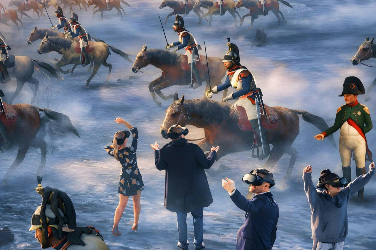 People wearing VR headsets interact with a historical scene depicting soldiers on horseback in motion.