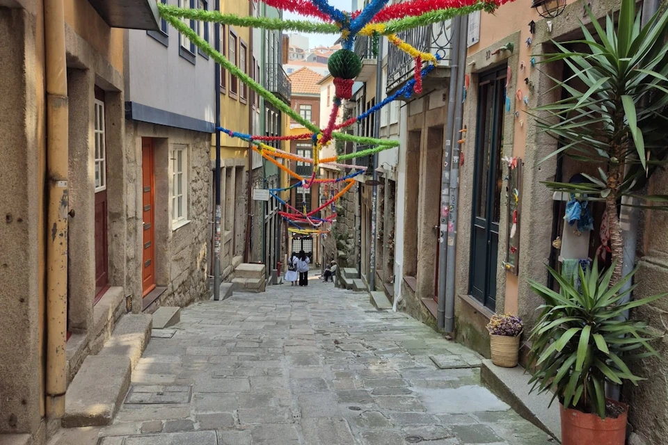 A narrow stone-paved street with colorful decorations hanging overhead, lined with buildings and plants, leading downhill.