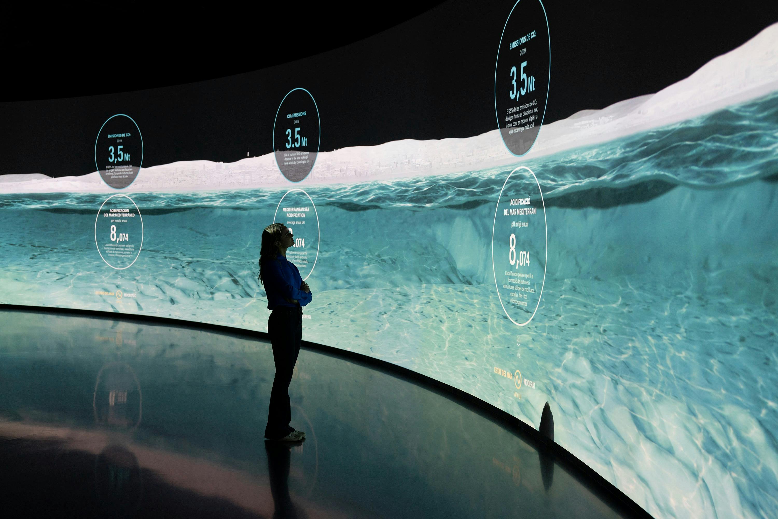 A person is standing in front of a large curved screen showing underwater scenes and circular data infographics.
