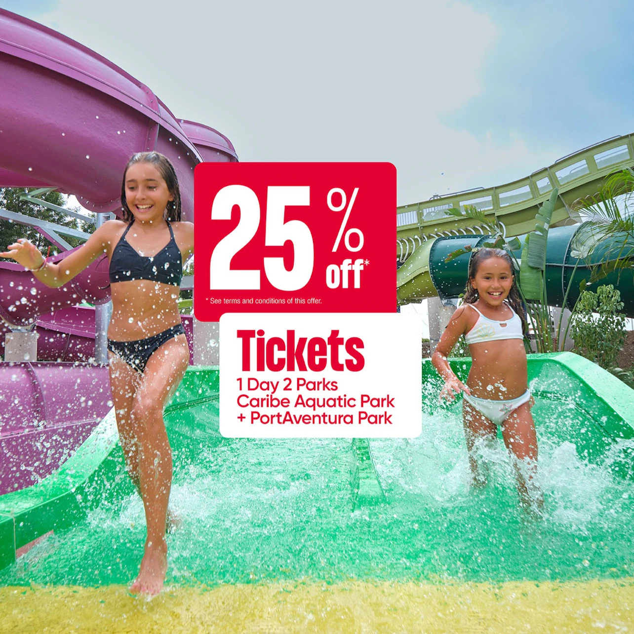 Two children excitedly slide down a water slide with promotional text overlay advertising 25% off park tickets.