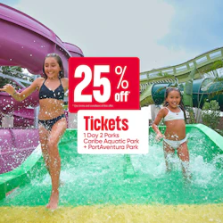 Two children excitedly slide down a water slide with promotional text overlay advertising 25% off park tickets.