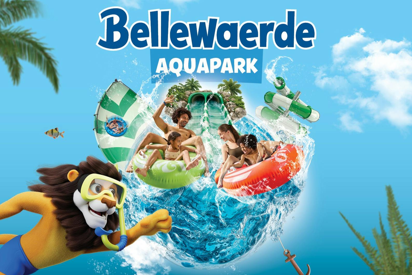 Imagen promocional del parque acuático de Bellewaerde que muestra a familias disfrutando de toboganes acuáticos, una mascota león y atracciones de temática tropical.