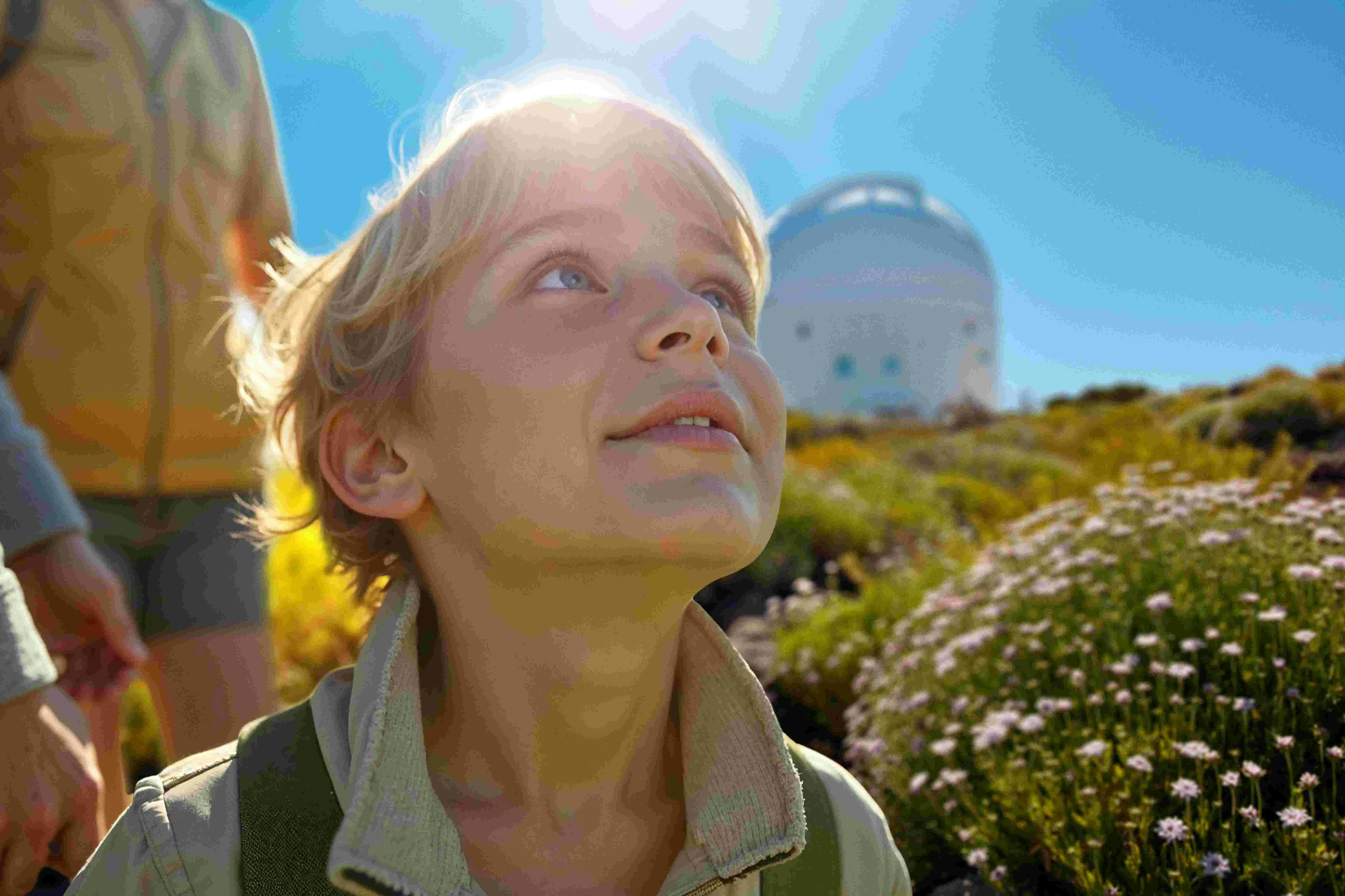 一个孩子抬起头来，脸上挂着阳光，微笑着，背景是另一个人，山上有一座圆顶形的建筑。