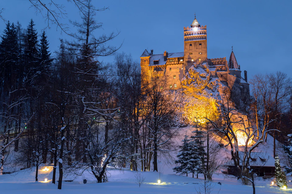 Illuminated castle on a snowy hill surrounded by leafless trees at dusk, with a clear, dark blue sky.