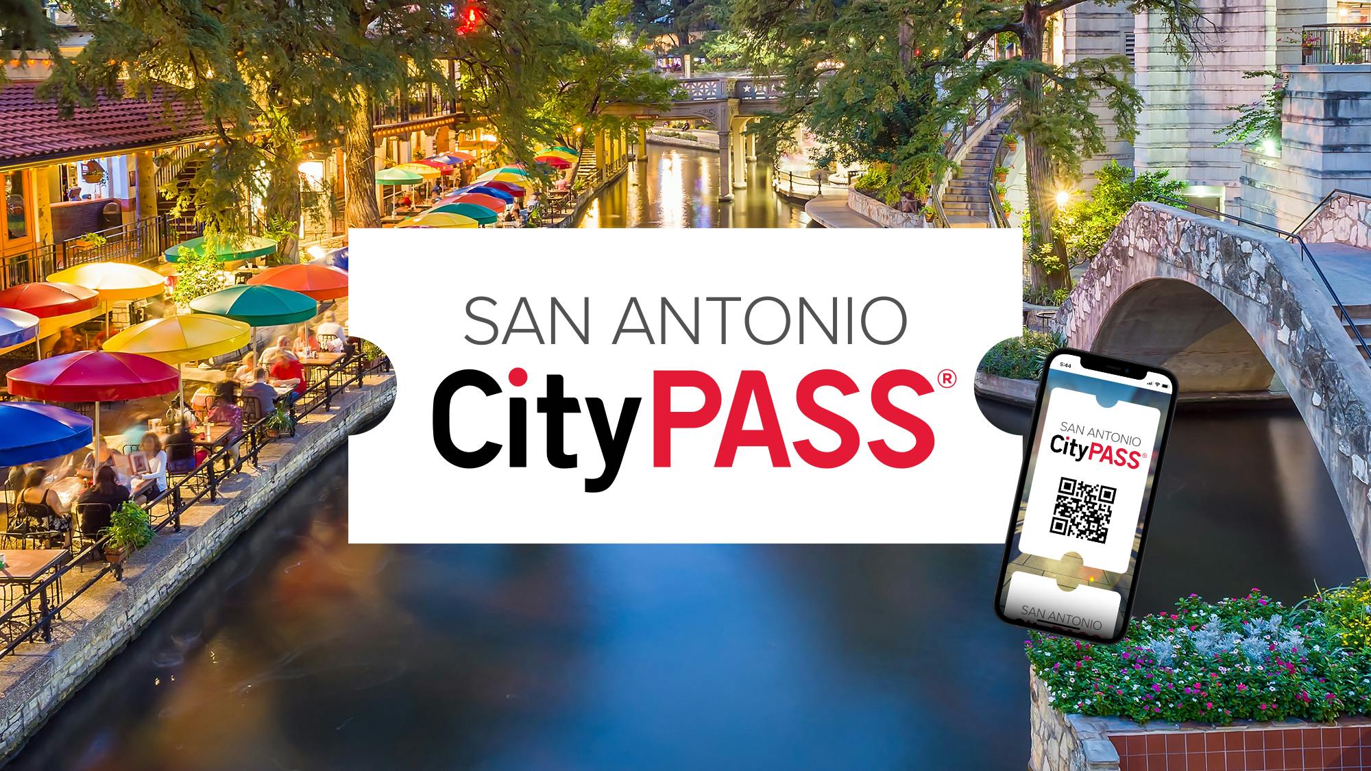 San Antonio River Walk with colorful umbrellas, restaurants, and bridge, overlaid by "San Antonio CityPASS" text and mobile pass image.