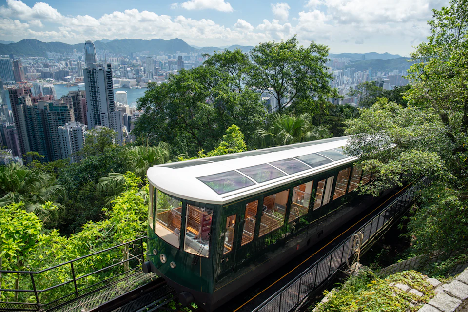A tram with a green exterior and large windows travels uphill through a lush forest, with a city skyline in the background.