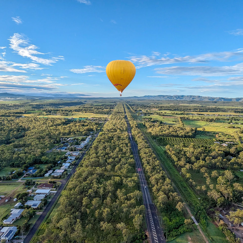 Two hot air balloons, one yellow and one orange, float above a field at sunrise with a forest in the background.